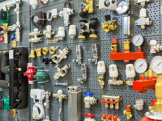 Variouse plumbing fittings in a professional plumbing supply store